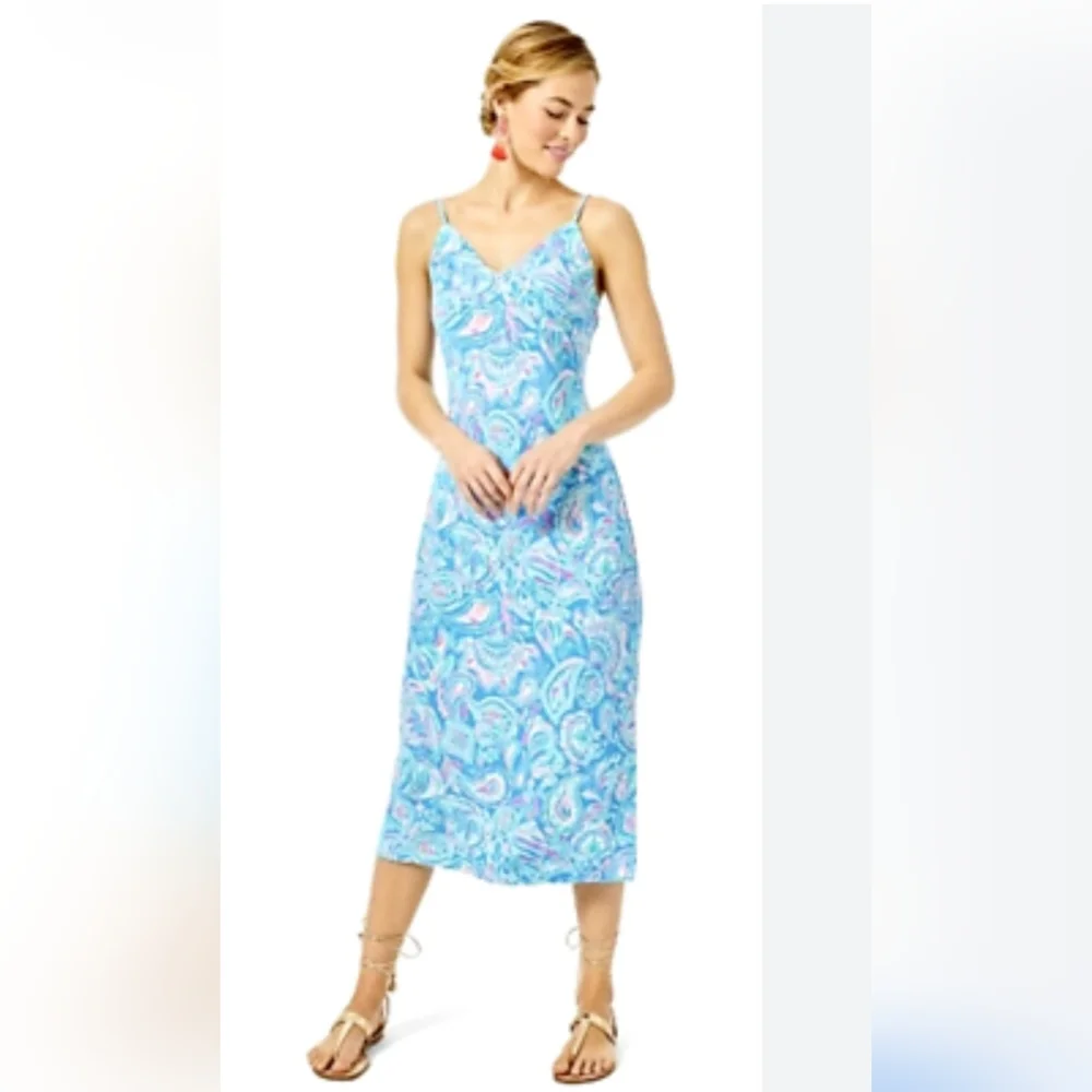 LILLY PULITZER MARETTA BIAS MIDI DRESS ZANZBAR BLUE FISH KISS XS - Picture 2 of 9